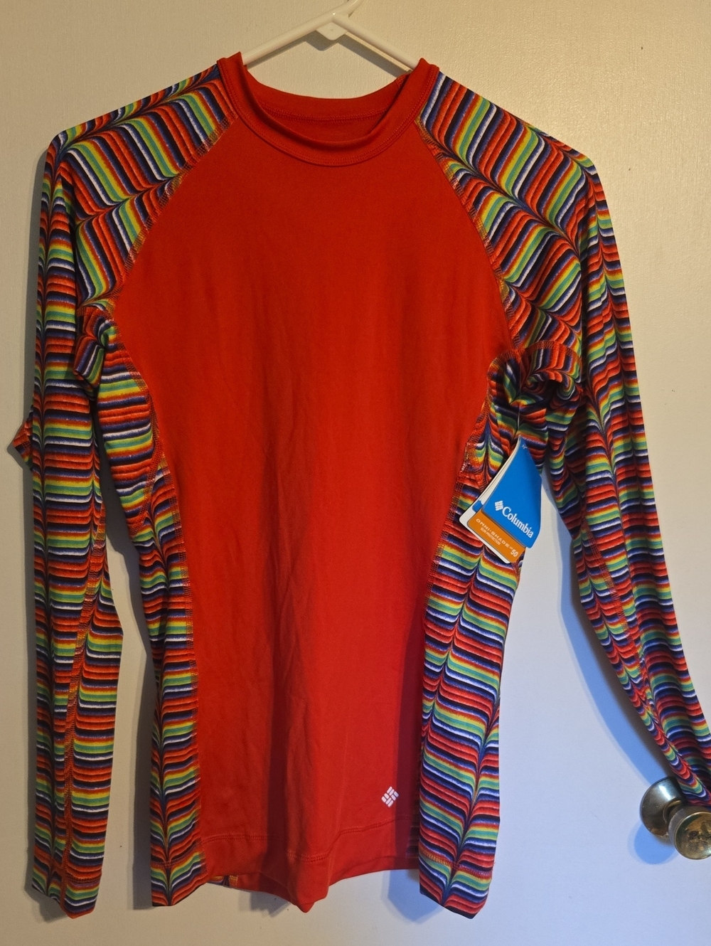 Columbia Bright Red Rashguard with Rainbow Stripe Sleeves